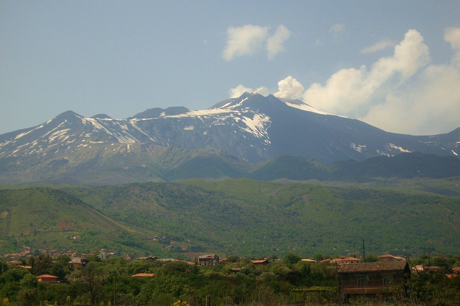 Panoramica dell'Etna innevata vista da distanza media con campagna verde in primo piano